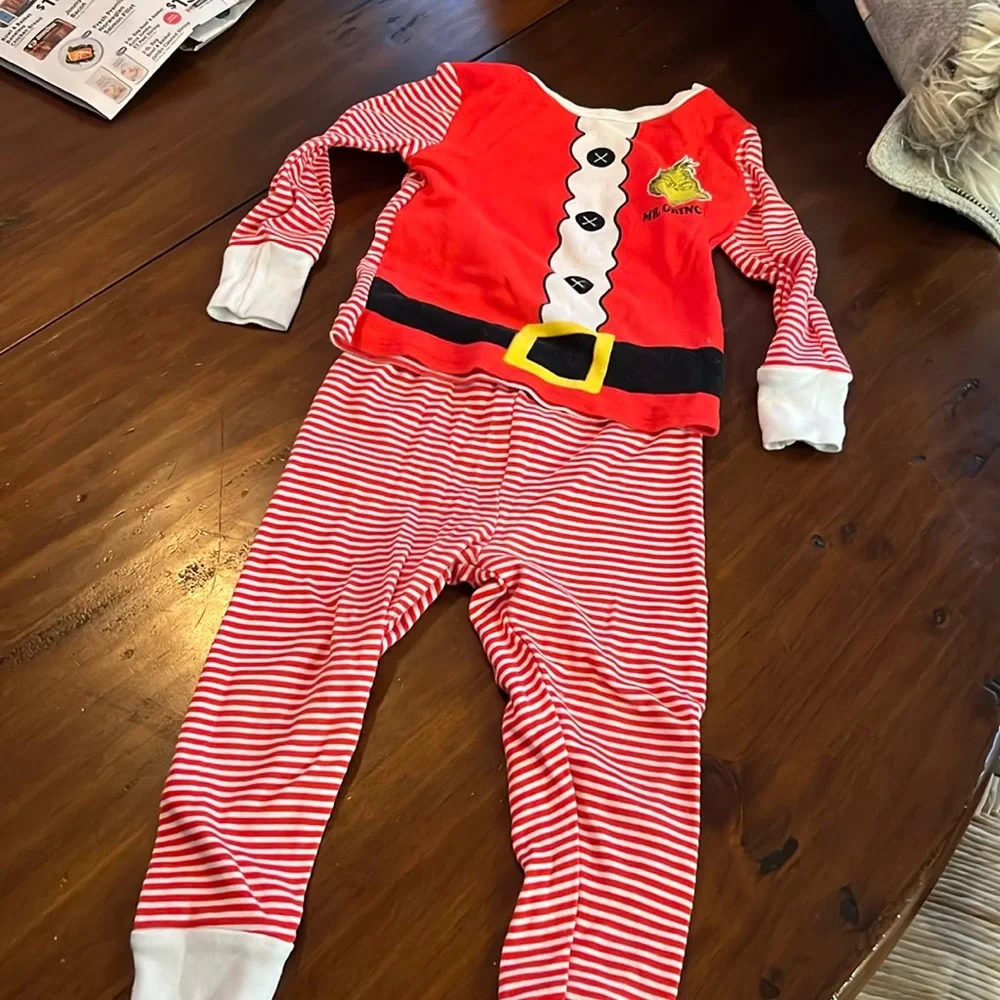 2T Grinch Pajamas - Ted and white stripe Santa